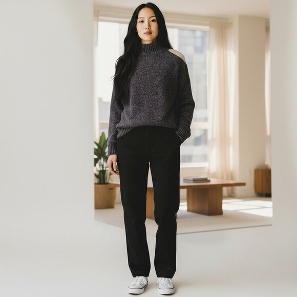 #1955 Miracle NWT Charcoal Mock Neck Open Shoulder Chenille Sweater Sz S/M & M/L - Picture 1 of 2